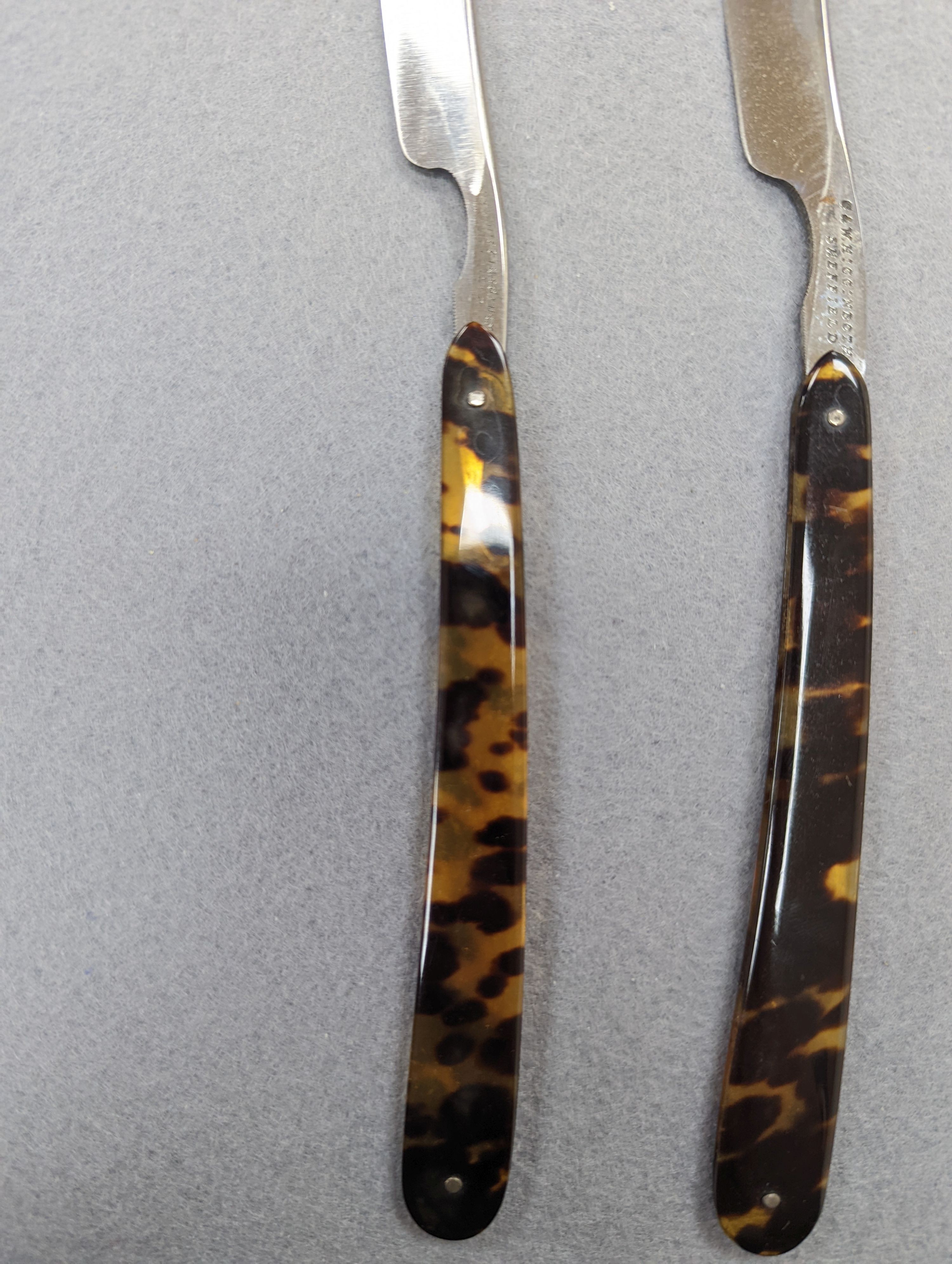 A set of seven tortoiseshell handled cut throat razors for the days of the week Wilkinson and a cased pair of tortoiseshell handled razors, C&W Higginbottom